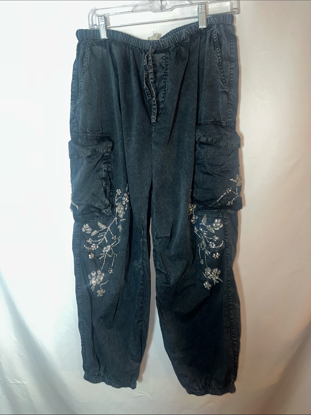 Pilcro crystal washed black Cargo Ankle balloon Pants with rhinestone details